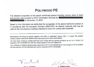 Certificate of compliance Polywood PE