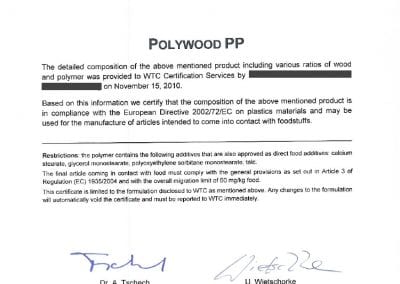 Certificate of compliance Polywood PP